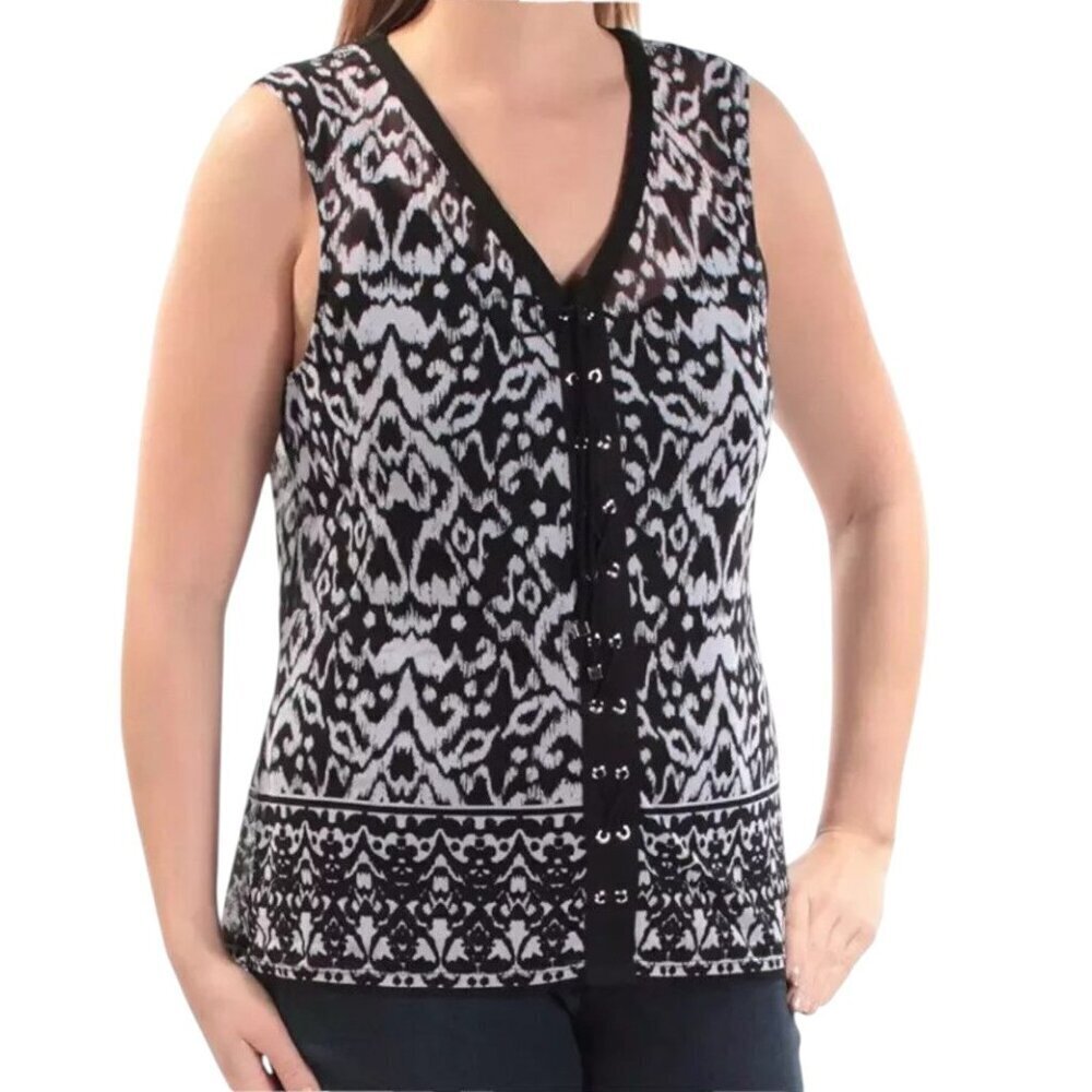 INC Lace Up Sheer Sleeveless Top B&W Moto Tribal Animal Print Goth Rock Womens L
